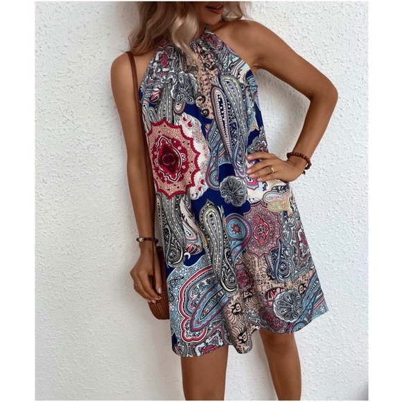 Boho Floral Paisley Halter Mini Dress - Picture 4 of 13
